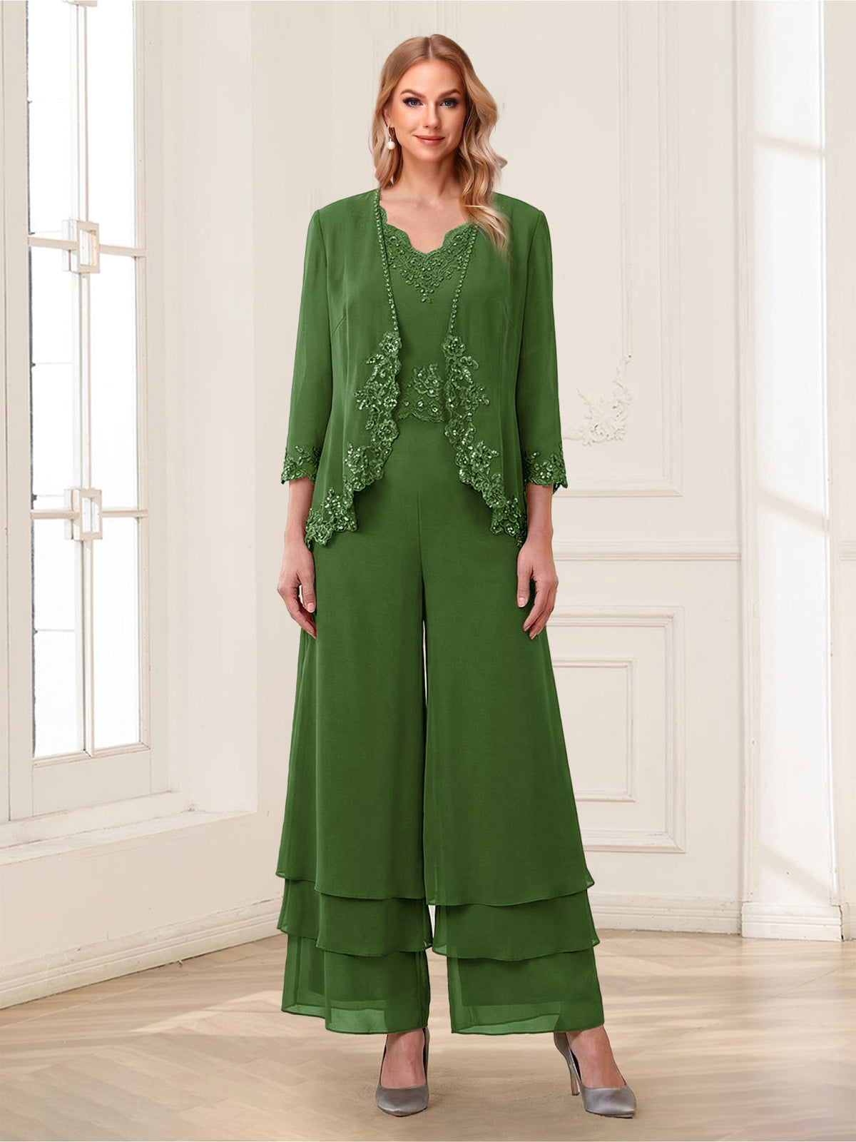 Mila Elise Olive Green front view mother of the bride dress