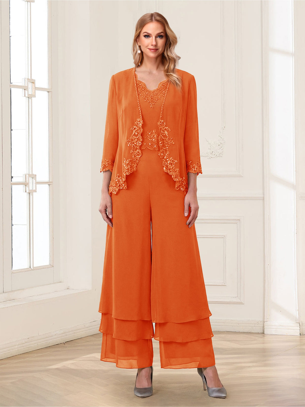 Mila Elise Orange front view mother of the bride dress