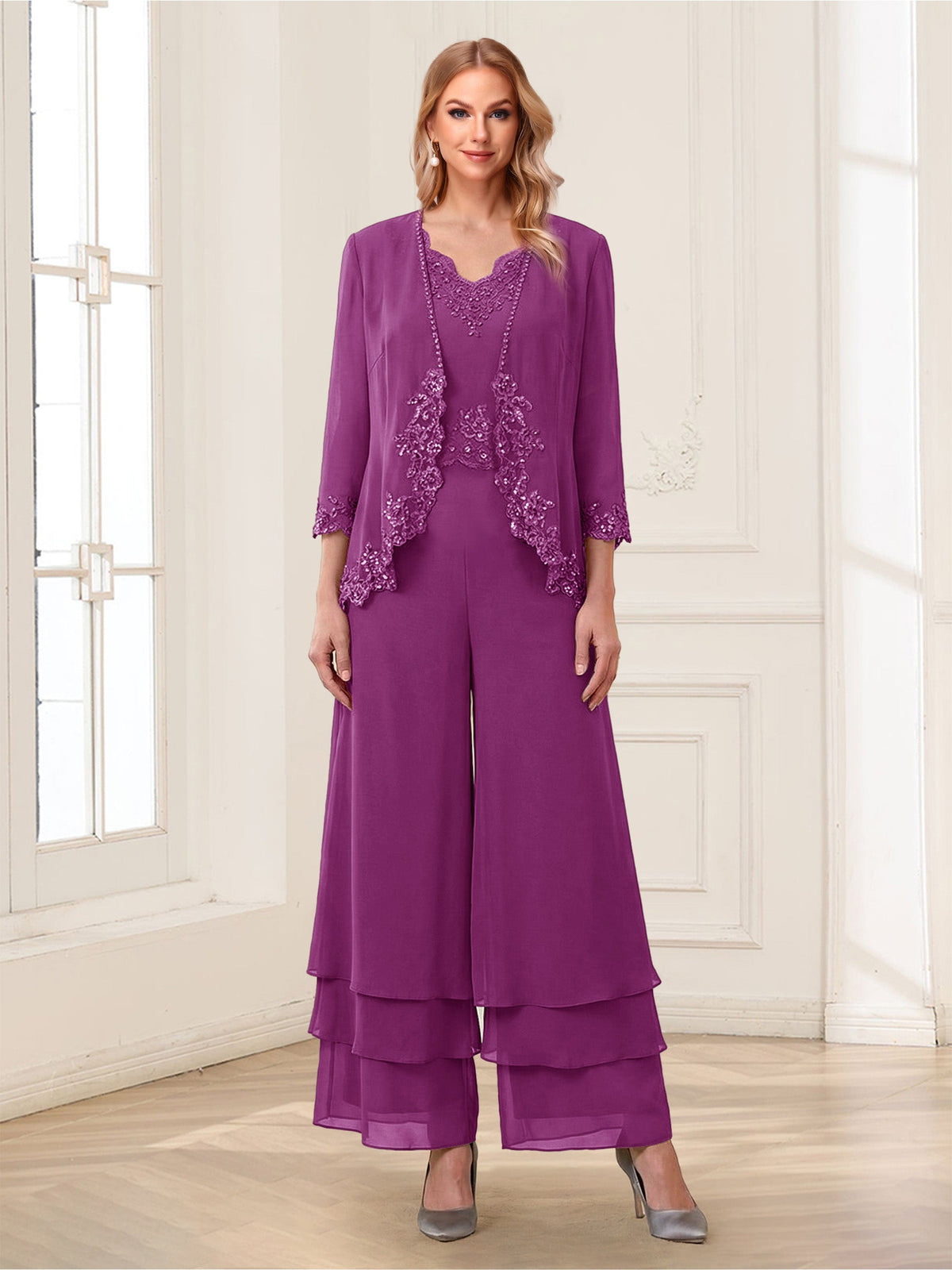 Mila Elise Orchid front view mother of the bride dress