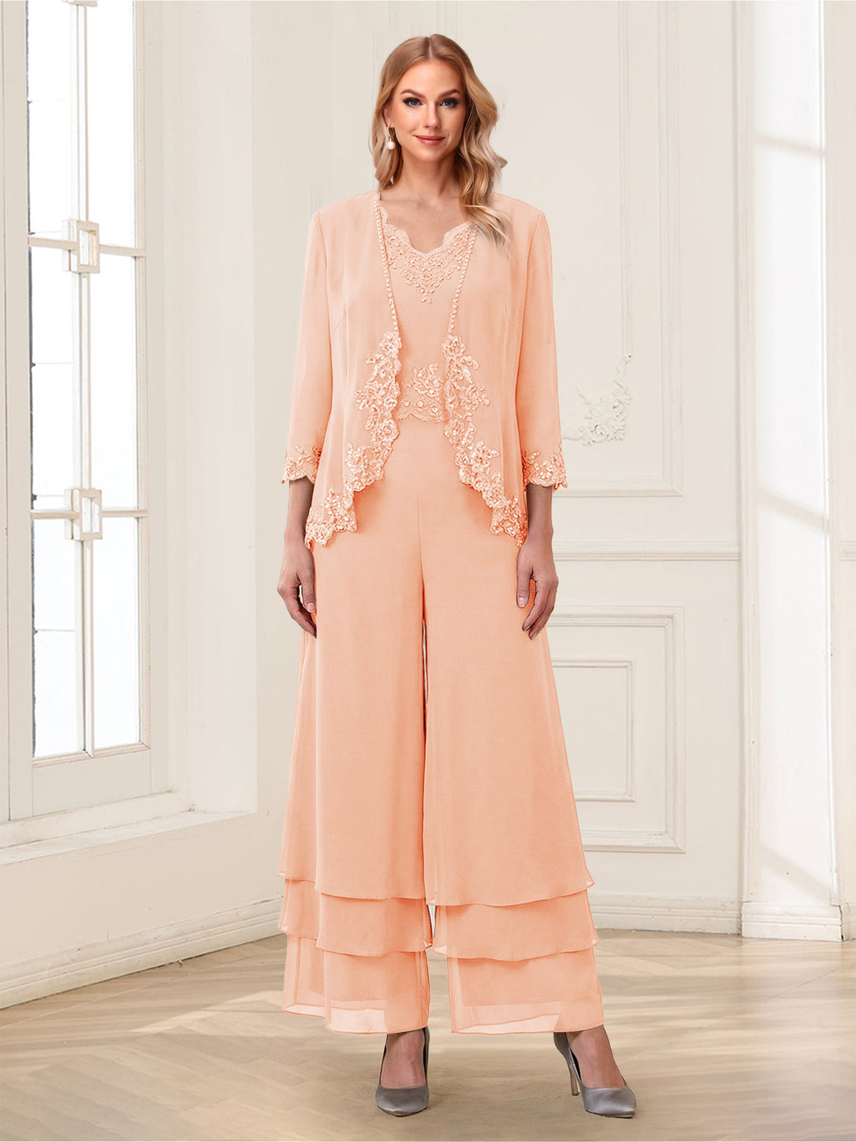 Mila Elise Peach front view mother of the bride dress