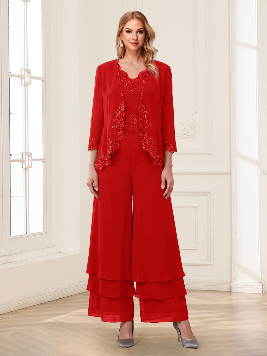 Mila Elise Red front view mother of the bride dress