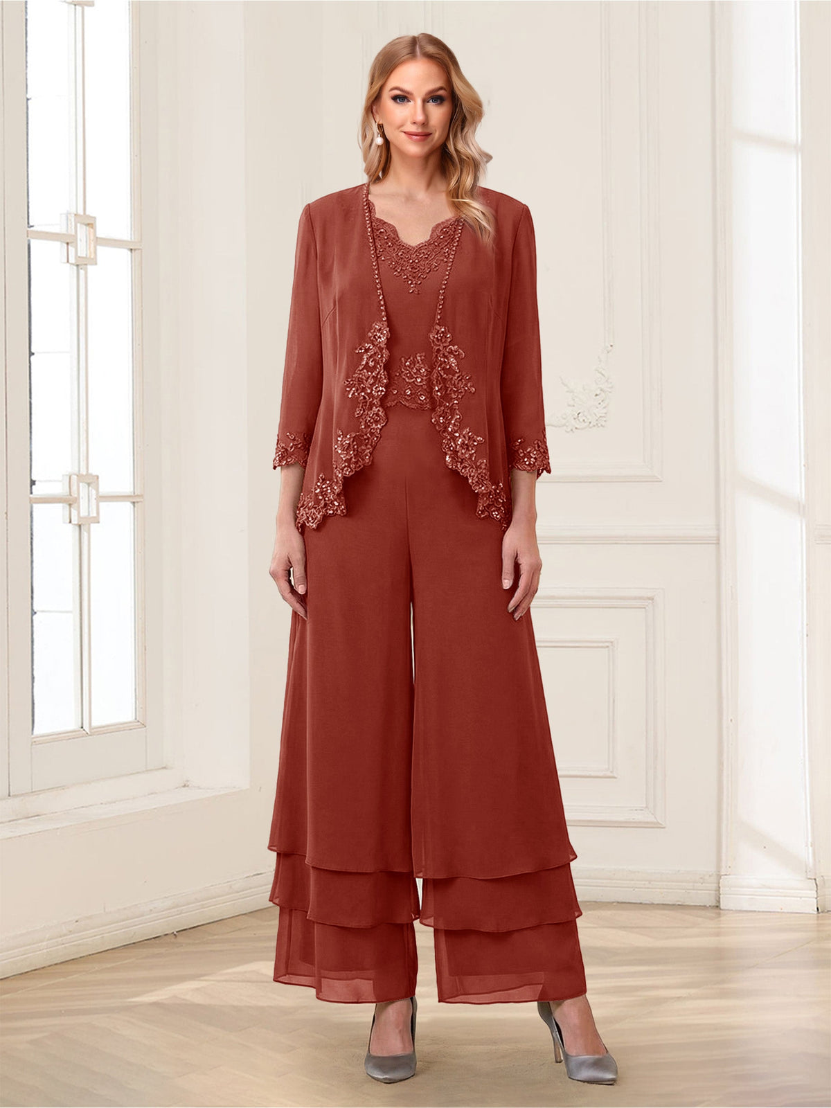 Mila Elise Rust front view mother of the bride dress