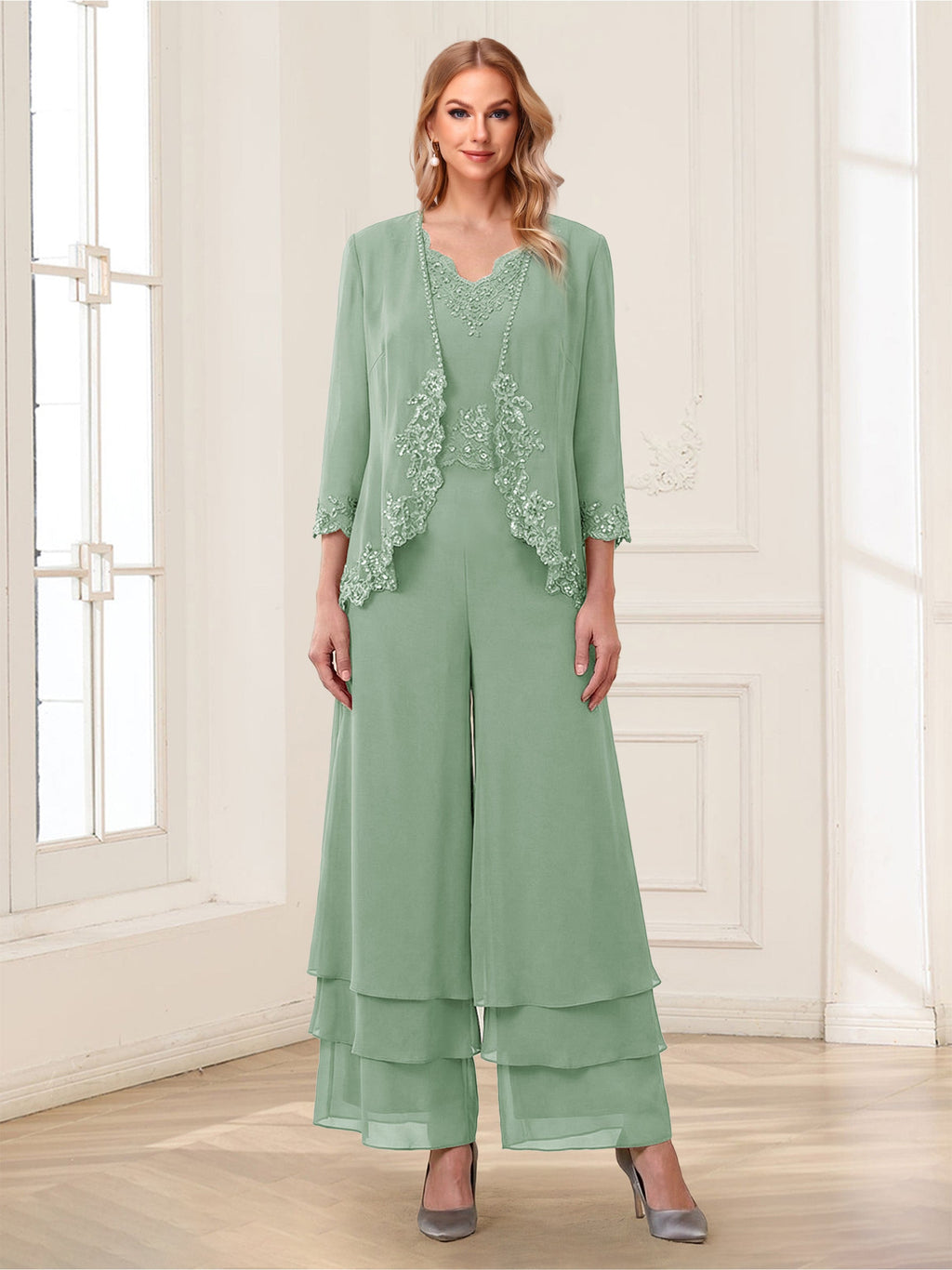 Mila Elise Sage Green back view mother of the bride dress