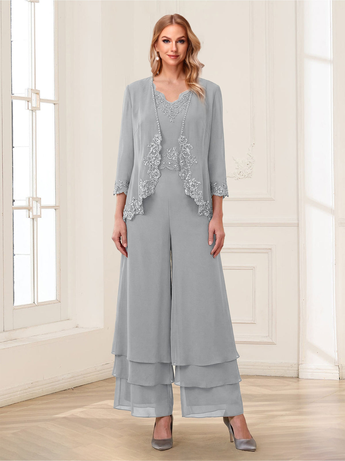 Mila Elise Silver front view mother of the bride dress