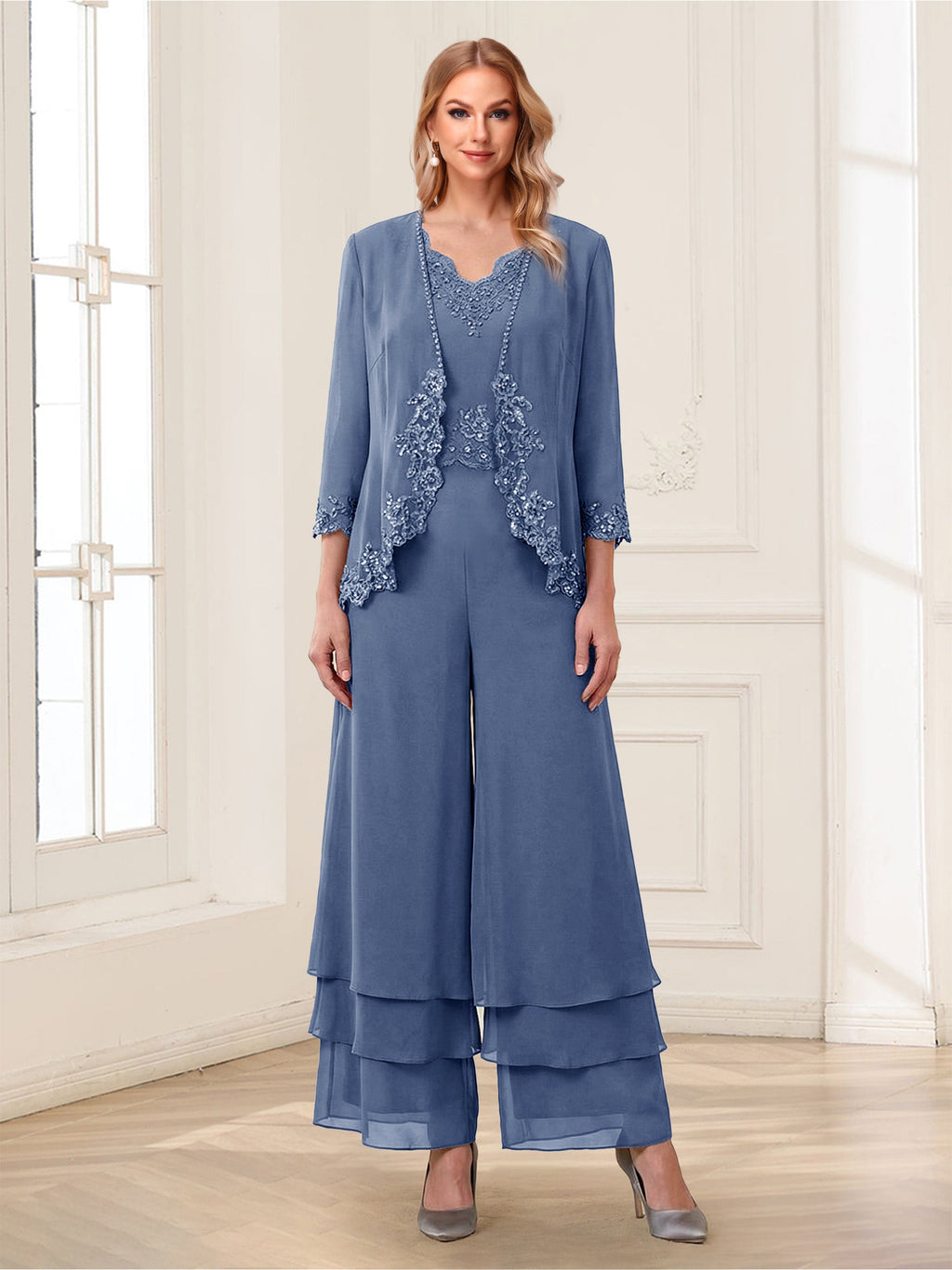 Mila Elise Steel Blue front view mother of the bride dress