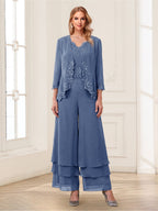 Mila Elise Steel Blue front view mother of the bride dress