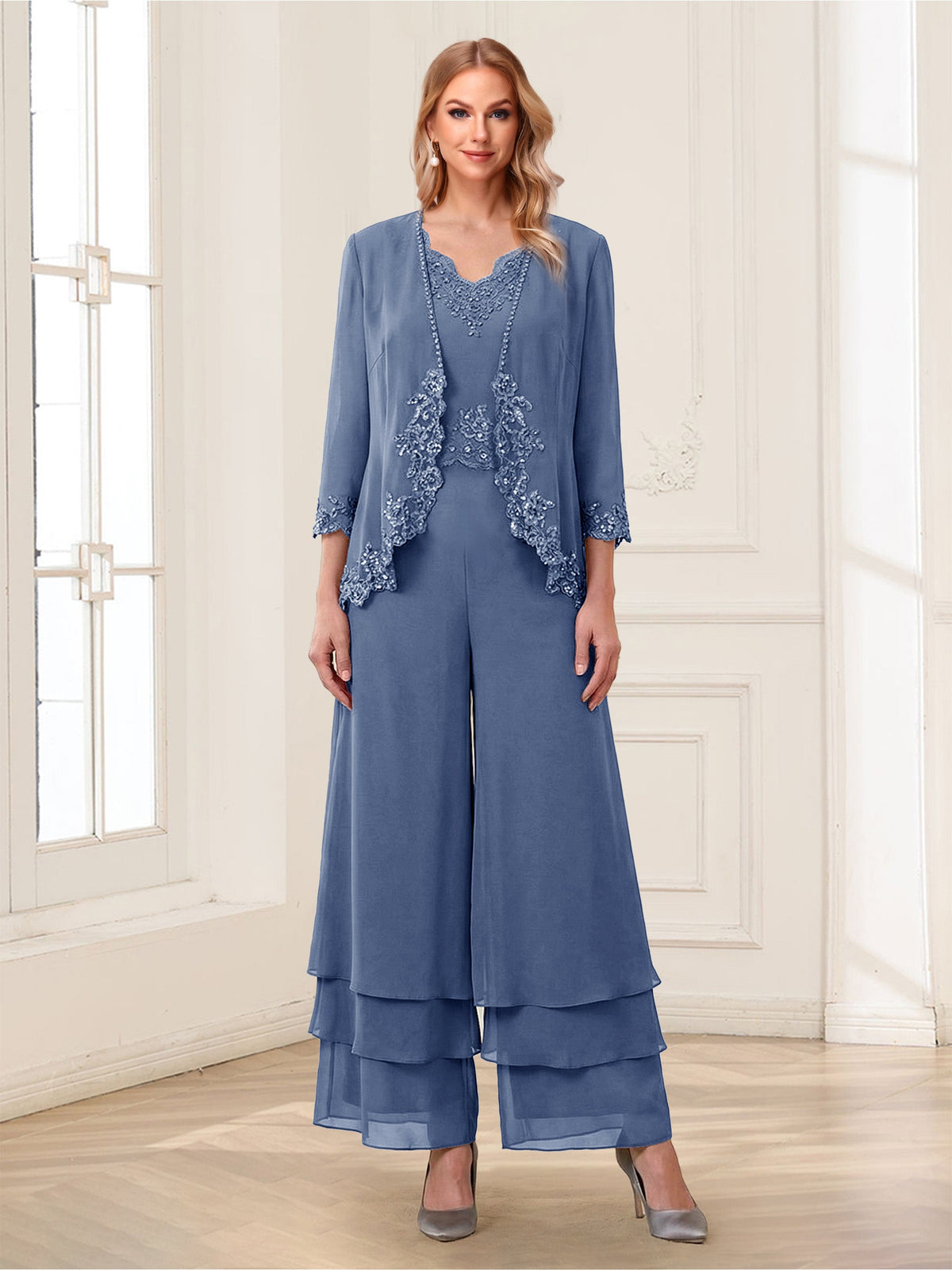 Mila Elise Steel Blue front view mother of the bride dress