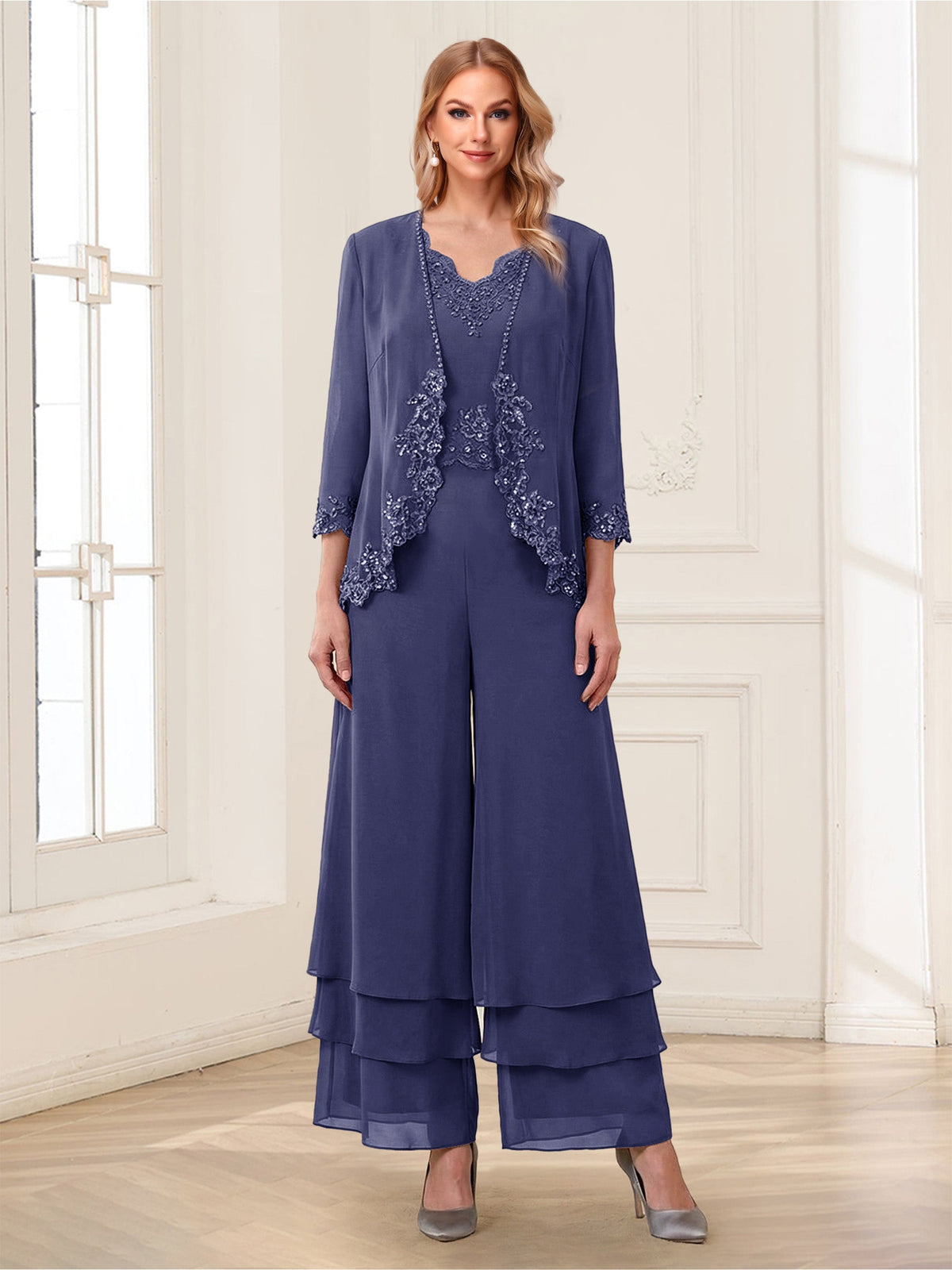Mila Elise Dusty Blue back view mother of the bride dress