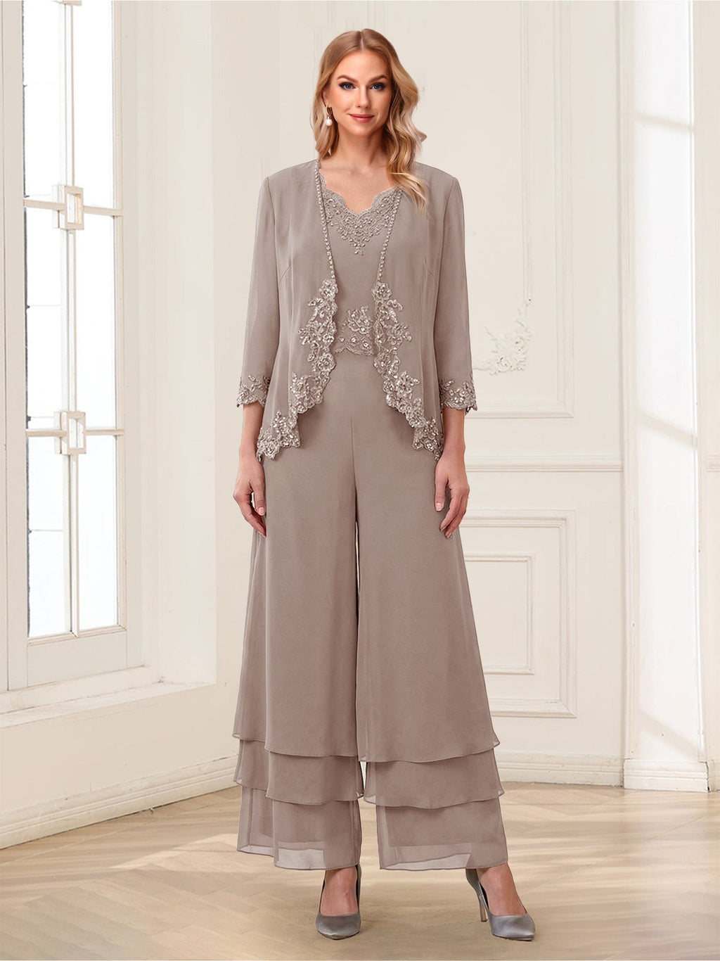Mila Elise Taupe front view mother of the bride dress