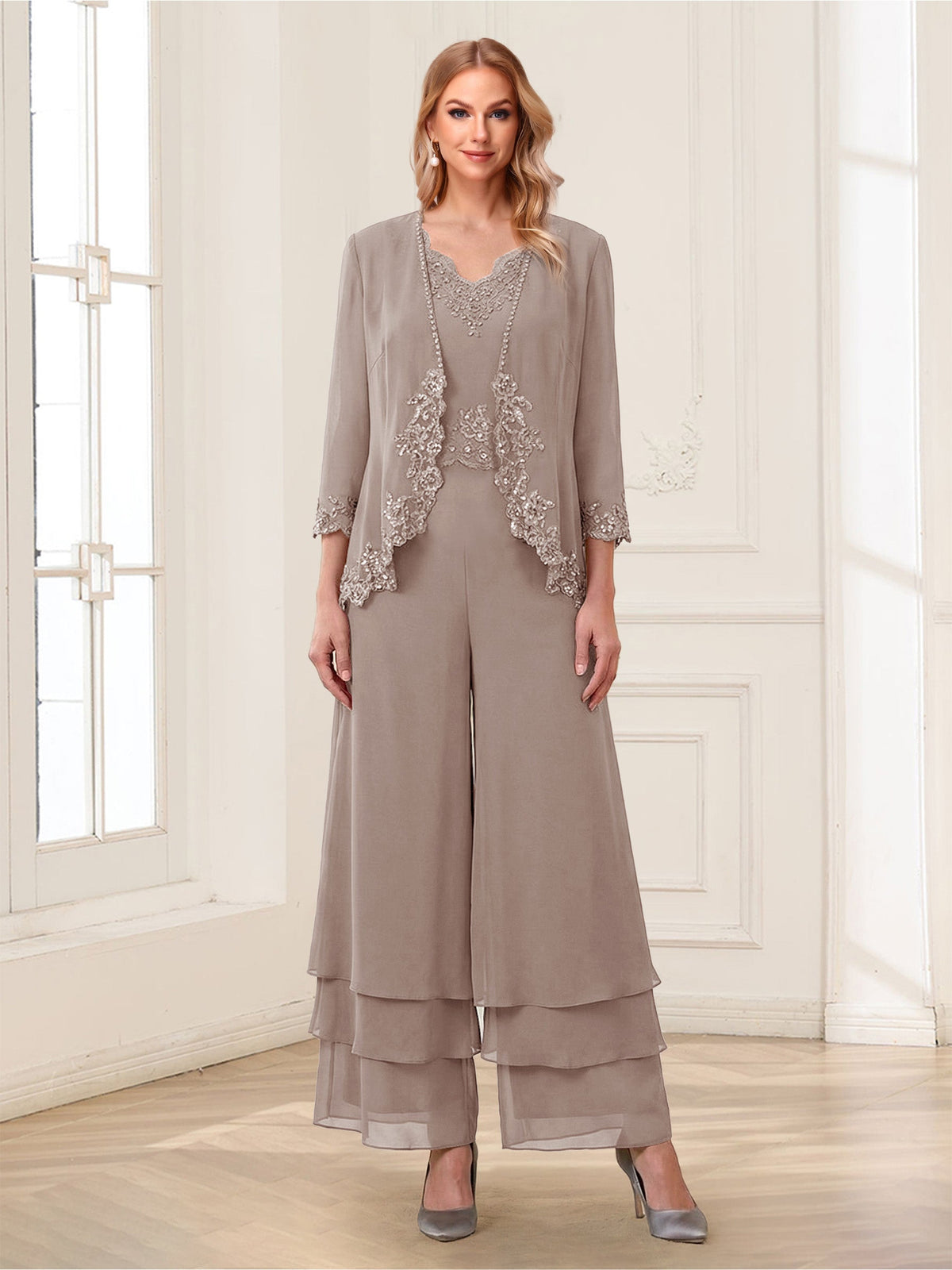 Mila Elise Taupe front view mother of the bride dress