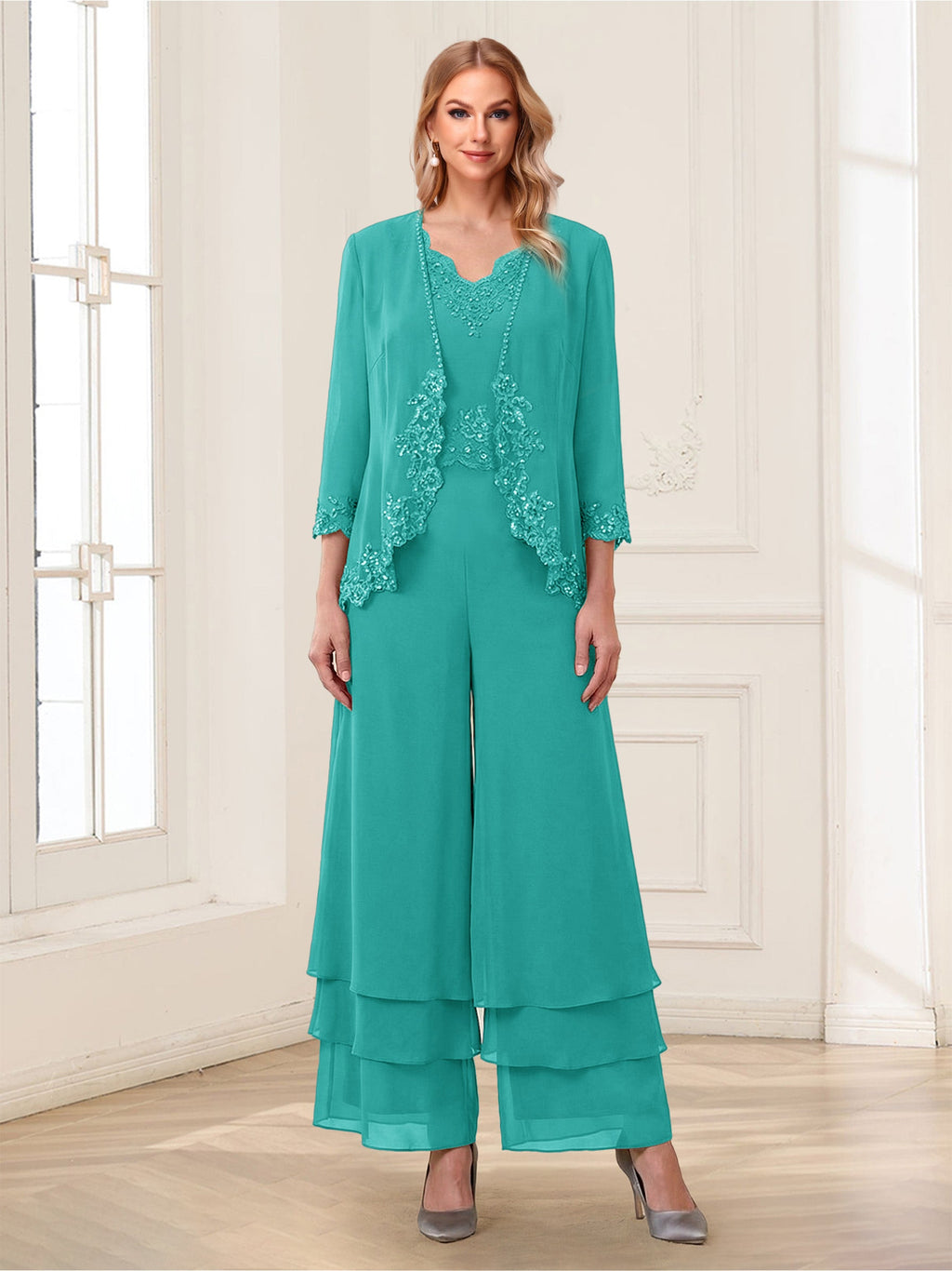 Mila Elise Turquoise back view mother of the bride dress