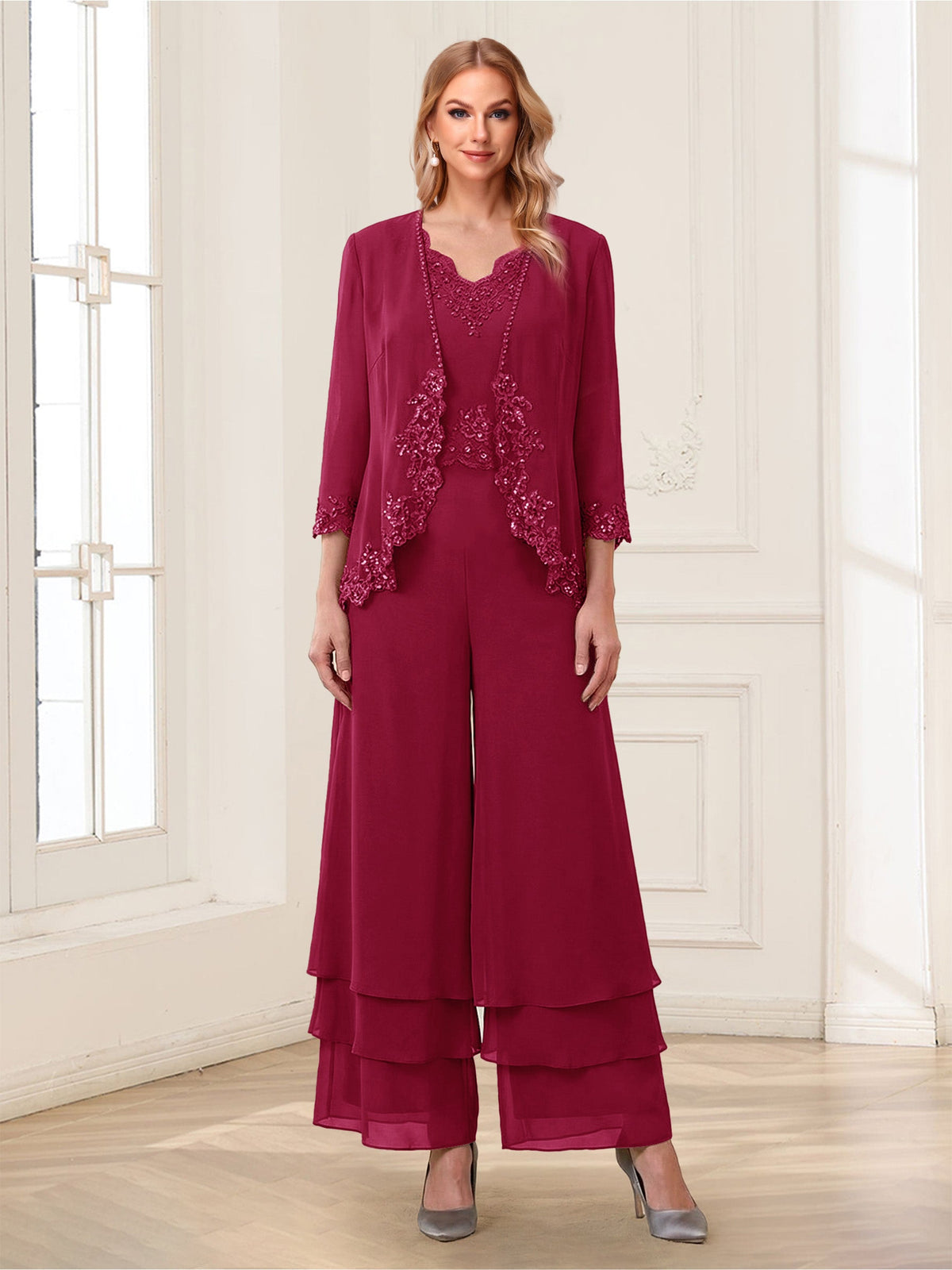 Mila Elise Burgundy side view mother of the bride dress