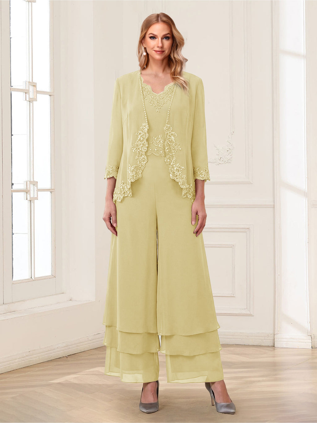 Mila Elise Yellow front view mother of the bride dress