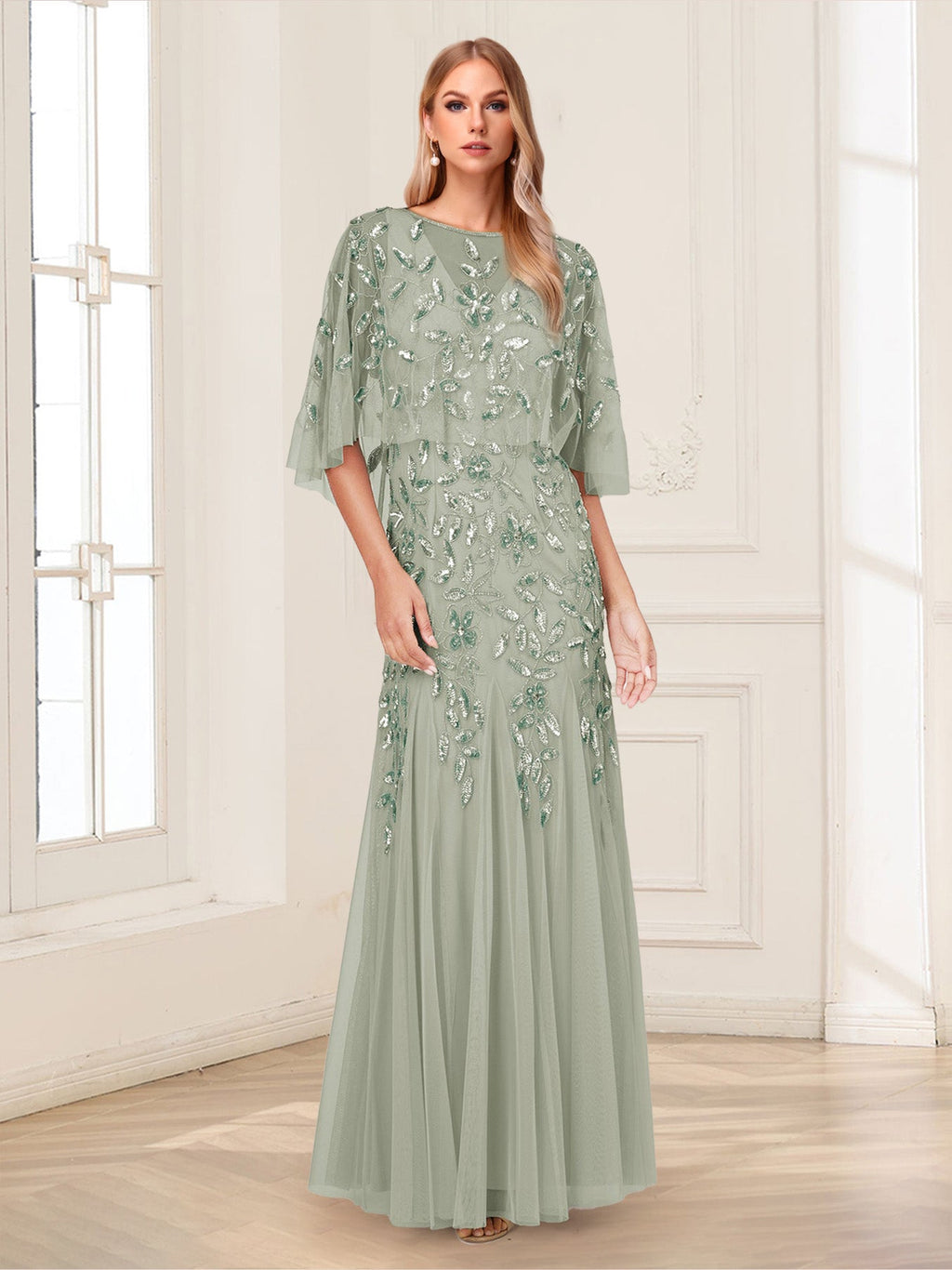 Nina Pearl Sage Green side view mother of the bride dress