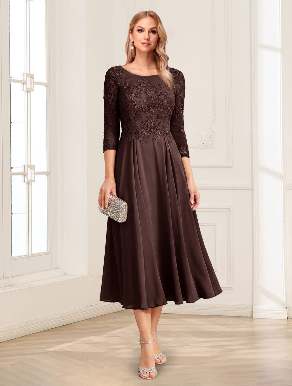 Zorina Lane Brown front view mother of the bride dress