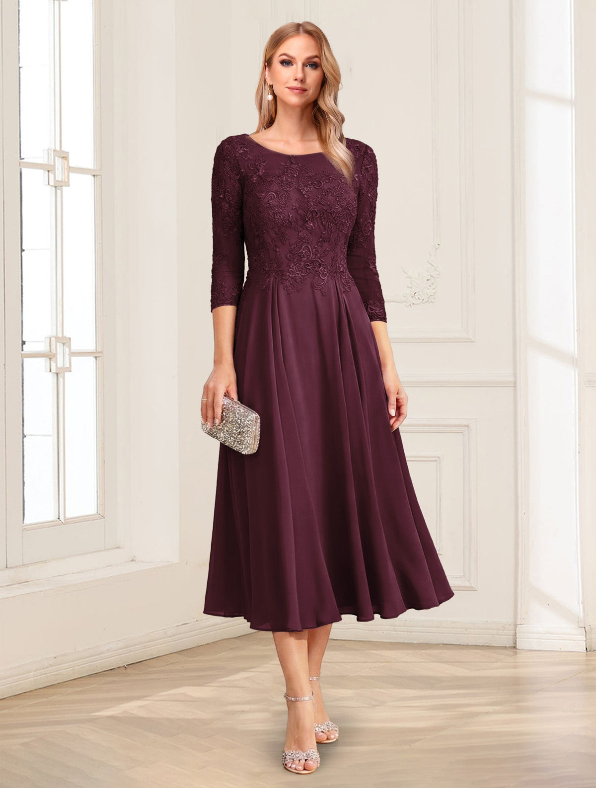 Zorina Lane Burgundy front view mother of the bride dress