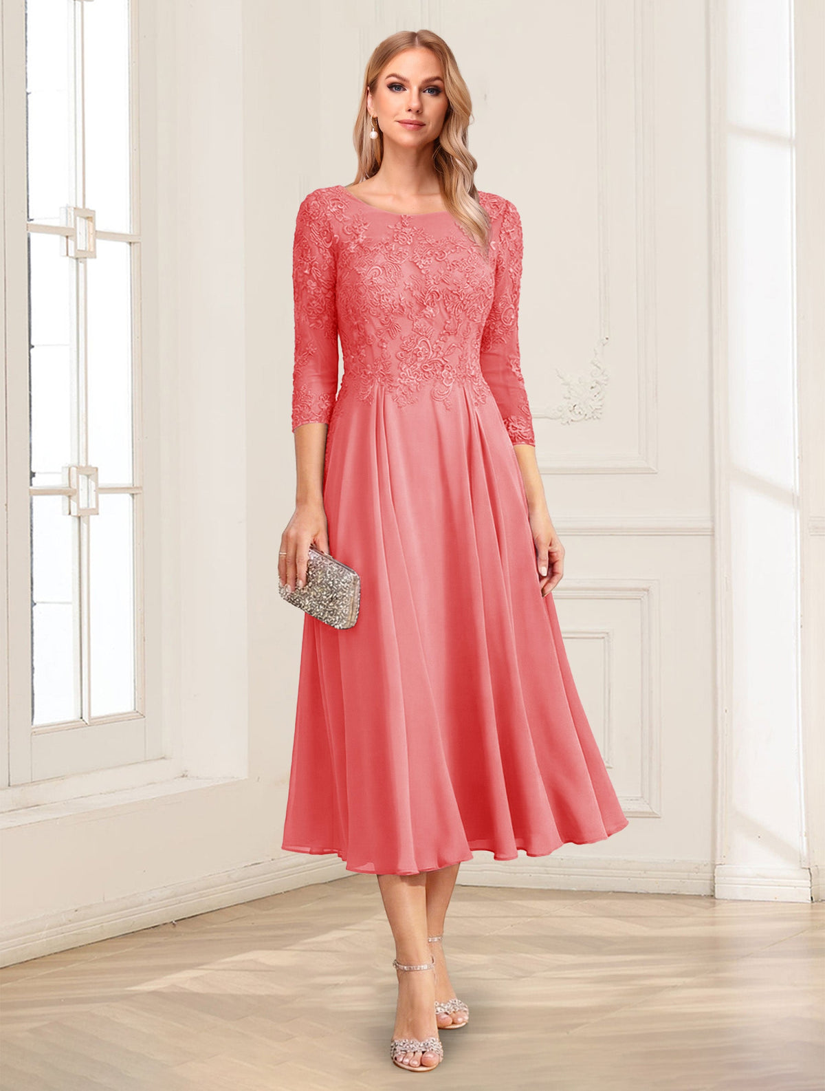 Zorina Lane Coral front view mother of the bride dress