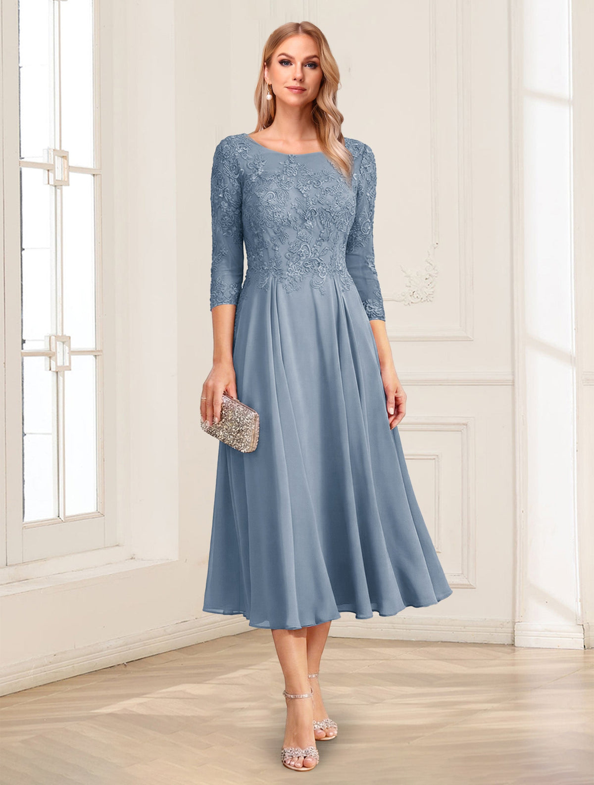 Zorina Lane Dusty Blue front view mother of the bride dress