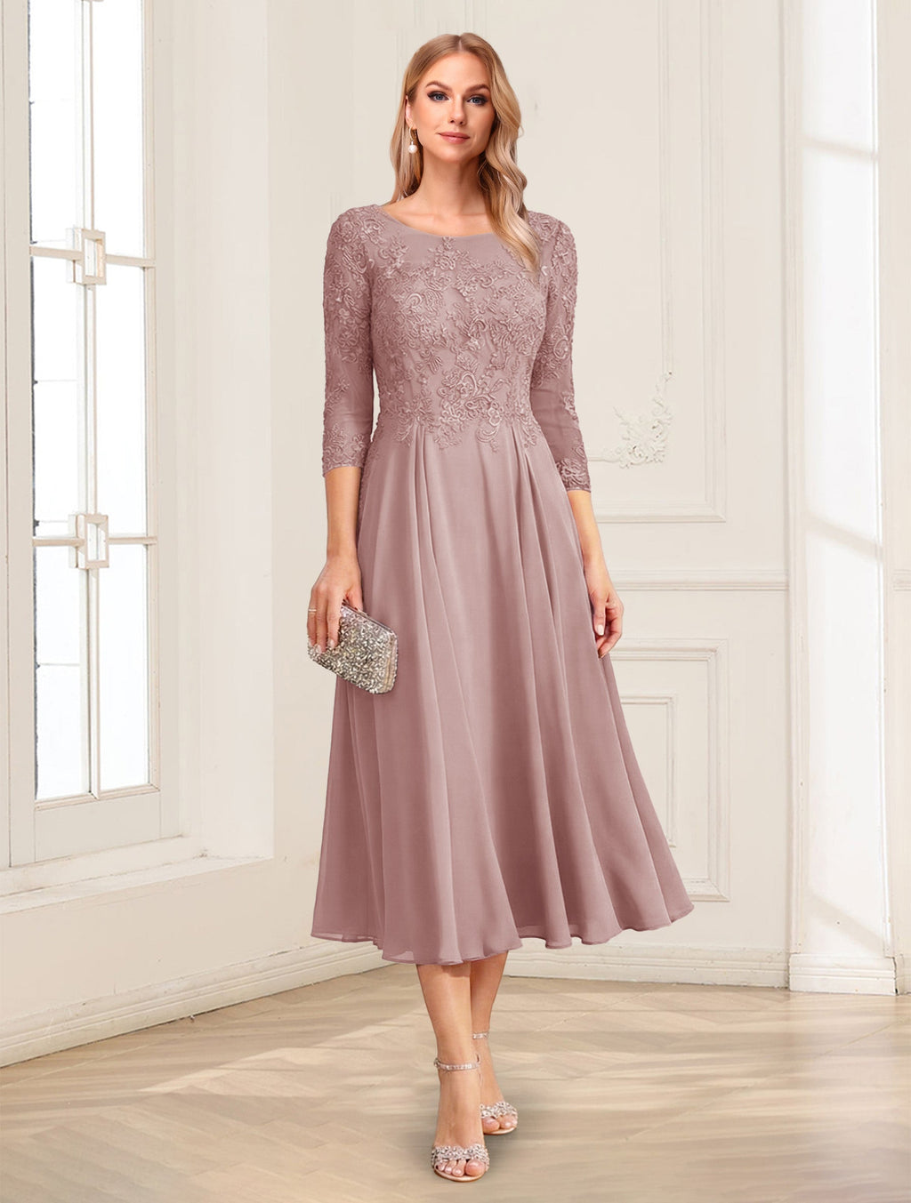 Zorina Lane Dusty Rose back view mother of the bride dress