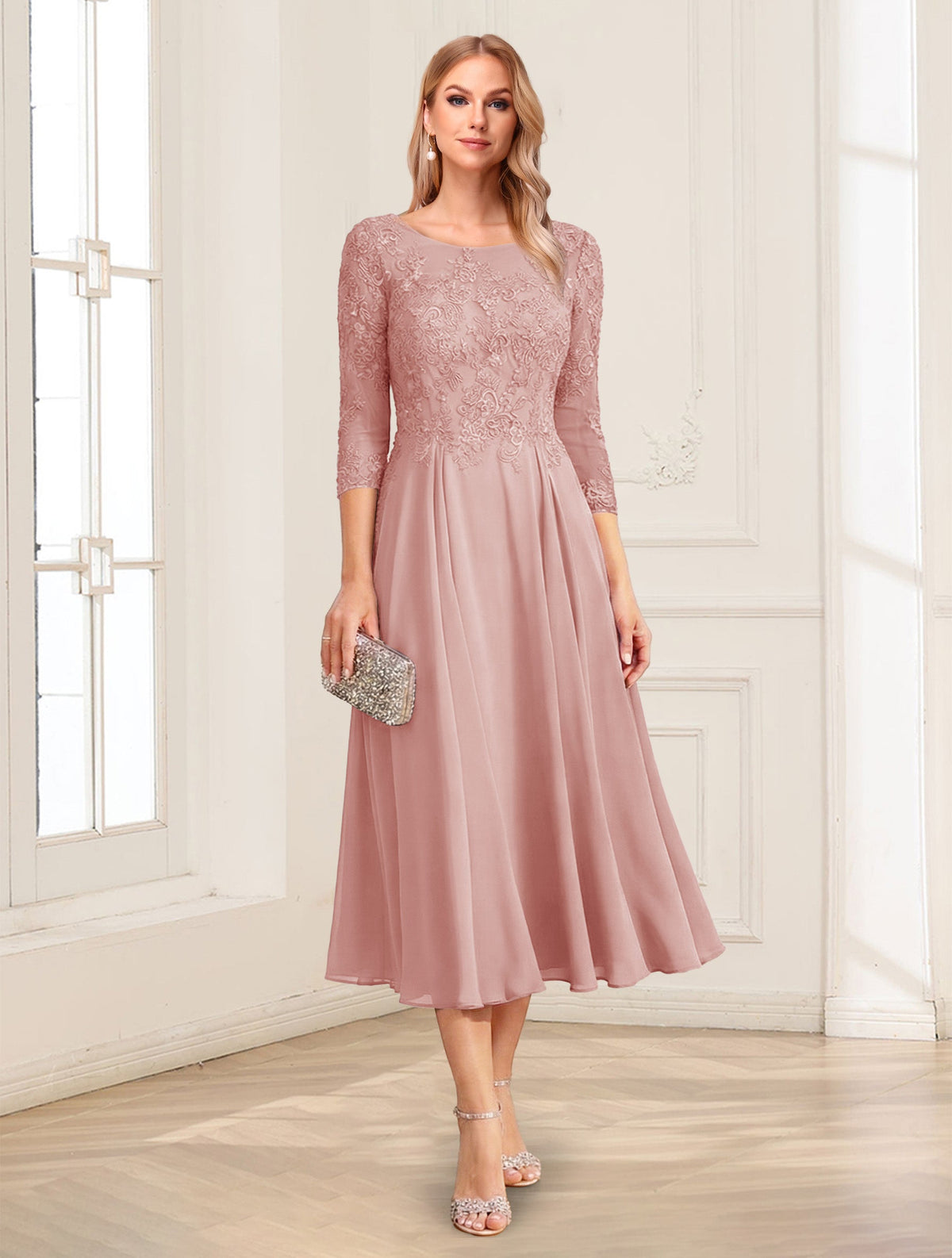 Zorina Lane Dusty Rose front view mother of the bride dress