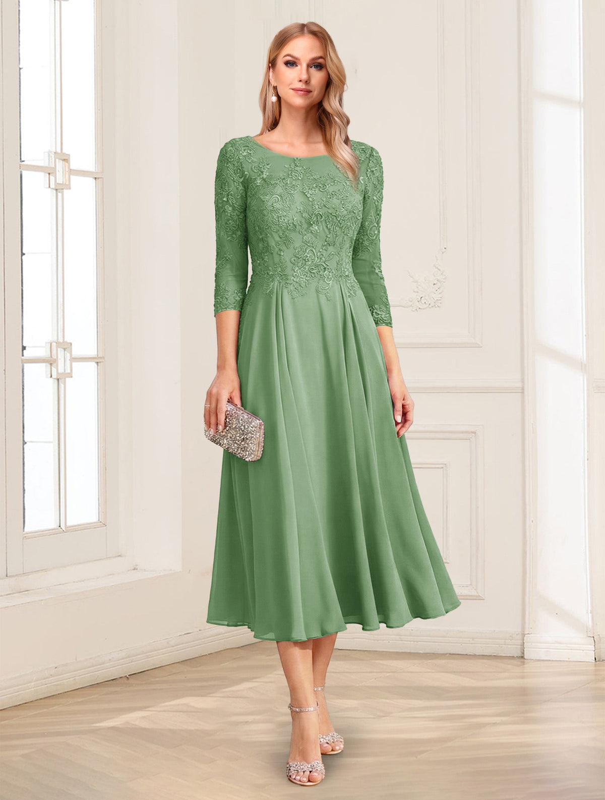 Zorina Lane Sage Green front view mother of the bride dress