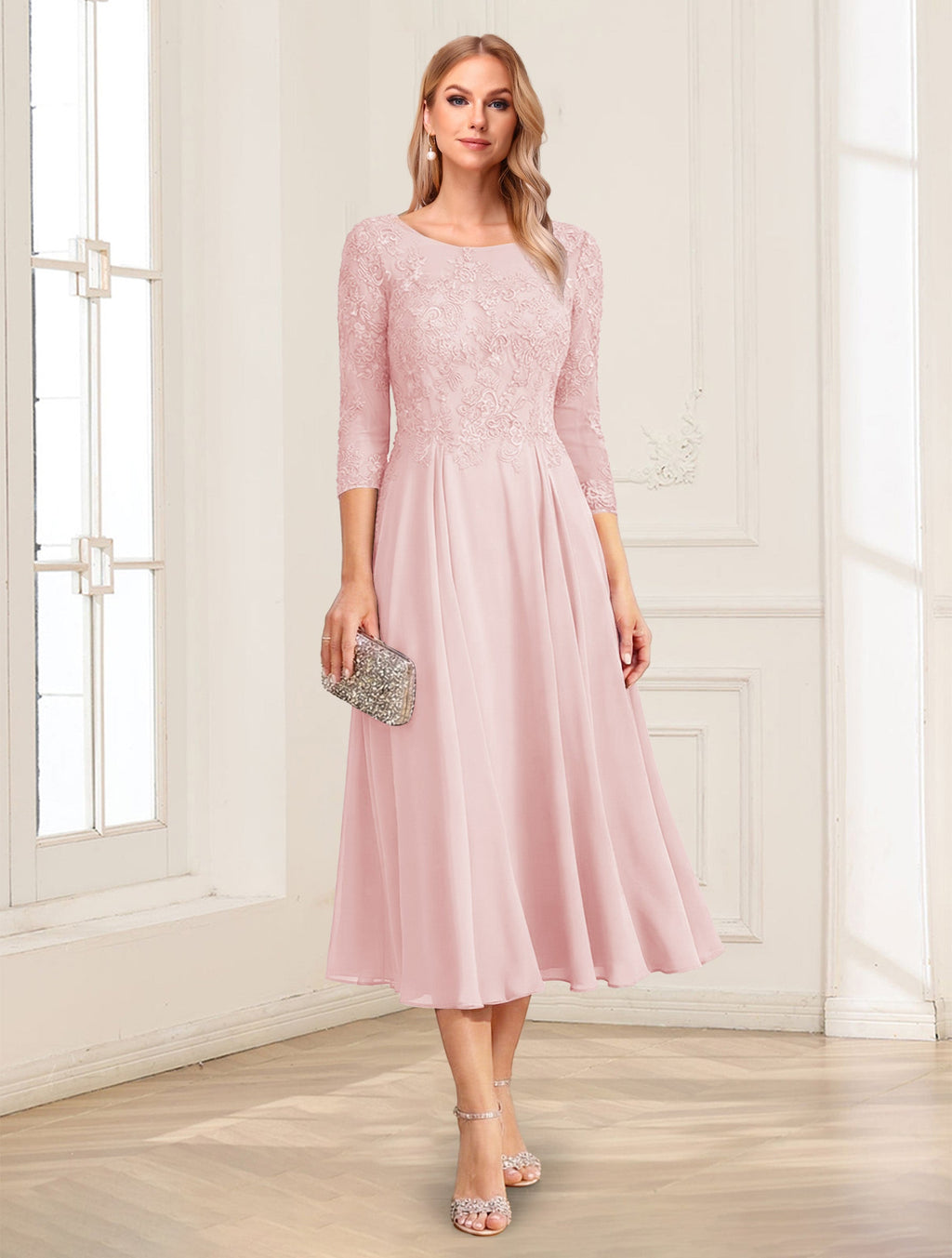 Zorina Lane Pearl Pink front view mother of the bride dress