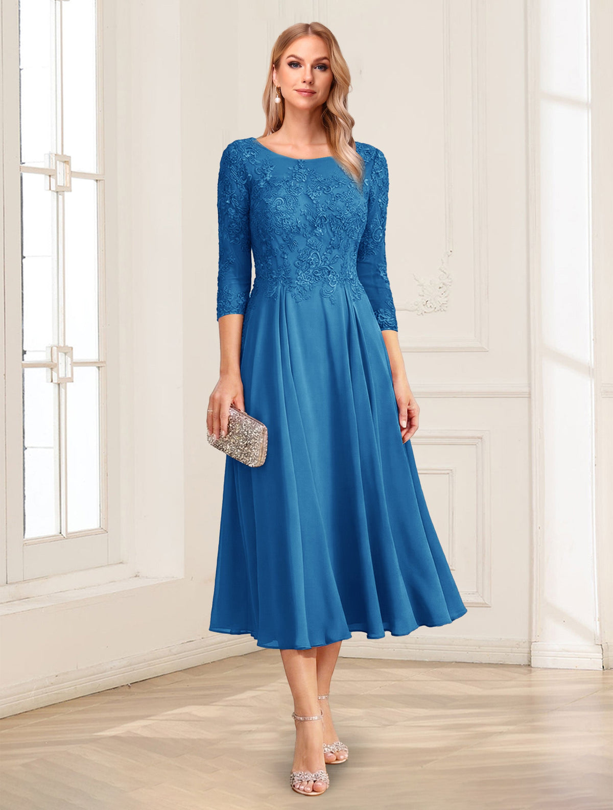Zorina Lane Ocean Blue front view mother of the bride dress
