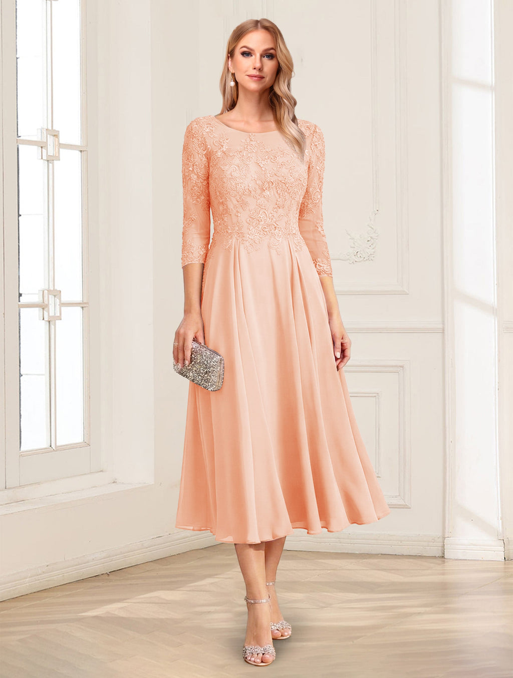 Zorina Lane Peach front view mother of the bride dress
