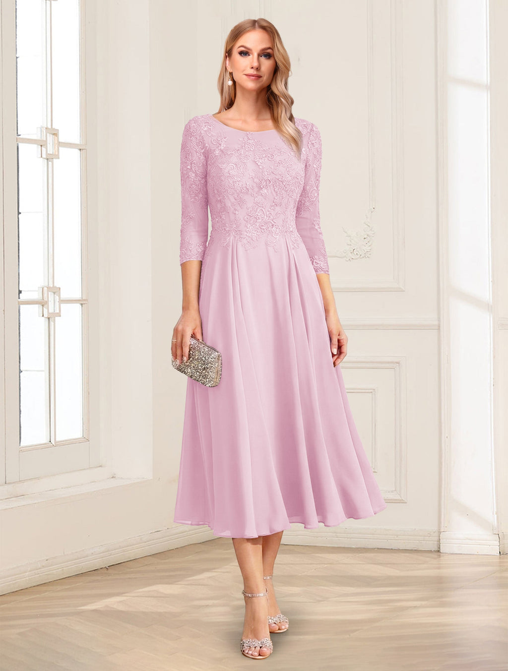 Zorina Lane Rose Pink front view mother of the bride dress
