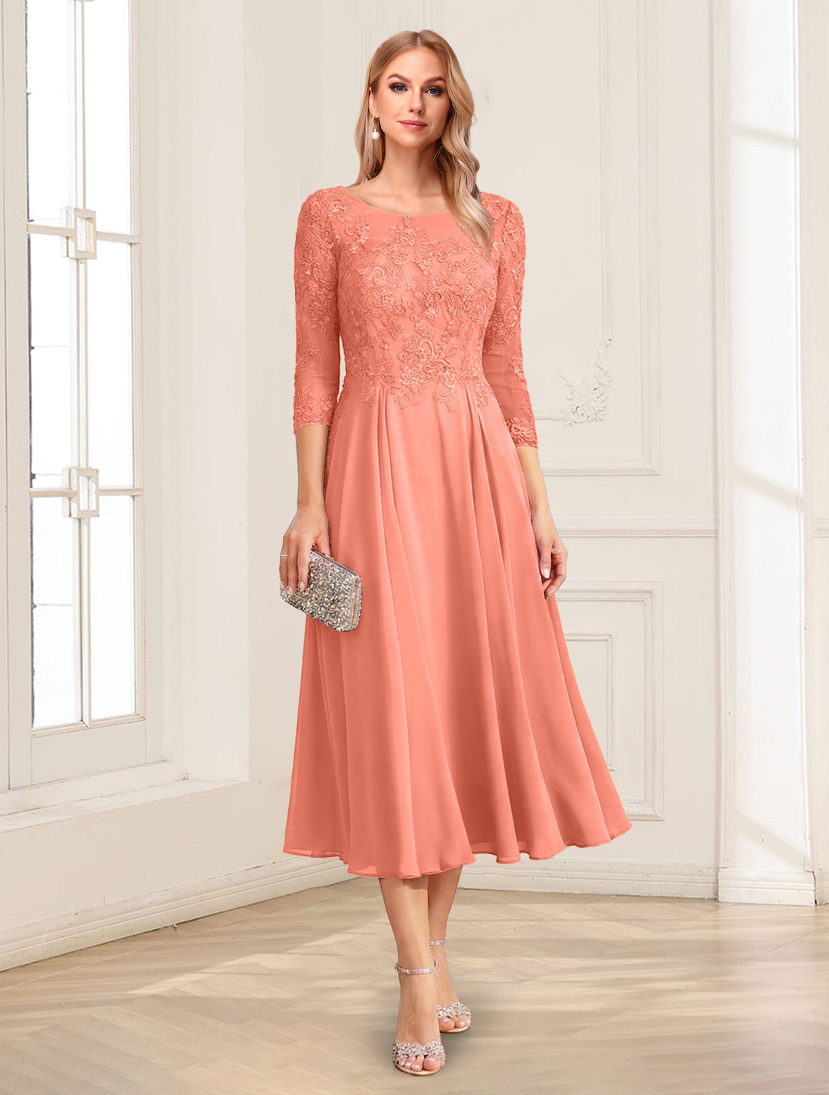 Zorina Lane Coral back view mother of the bride dress
