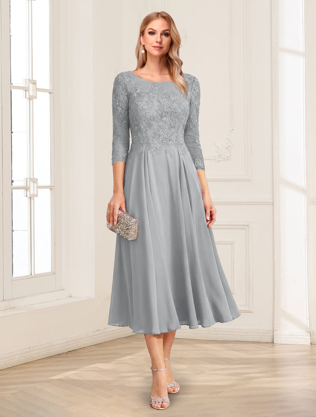 Zorina Lane Silver front view mother of the bride dress