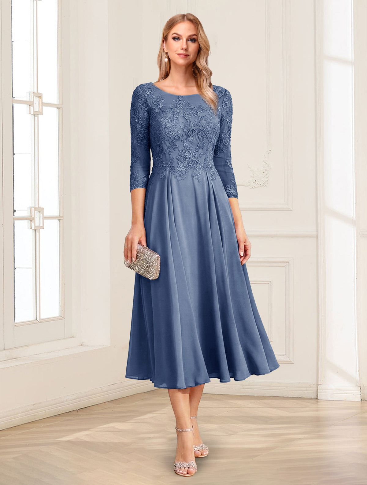 Zorina Lane Steel Blue front view mother of the bride dress