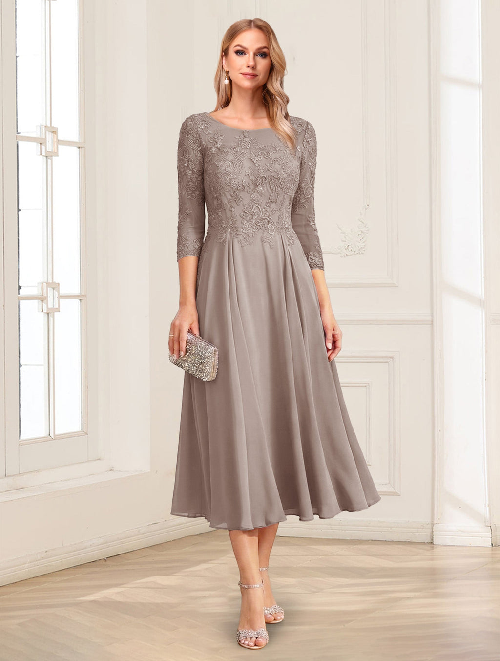 Zorina Lane Taupe front view mother of the bride dress