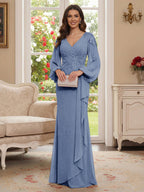 Sophia Mae Steel Blue front view mother of the bride dress