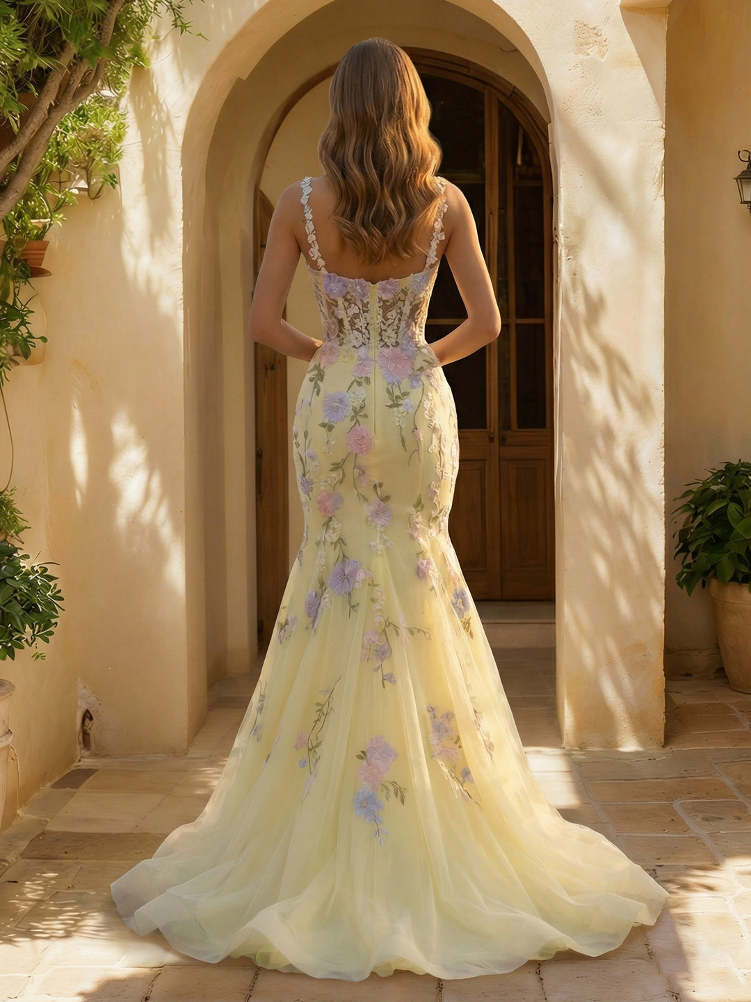 Celestia Noelle Yellow back view prom dress