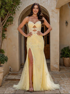Dione Elise Yellow front view prom dress