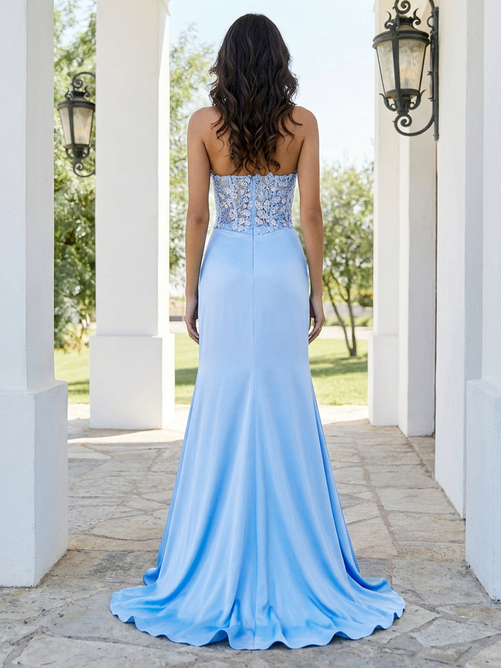 Cyrene Maeve Sky Blue back view prom dress