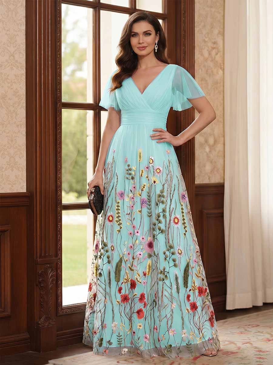 Therese June Pool Blue front view mother of the bride dress