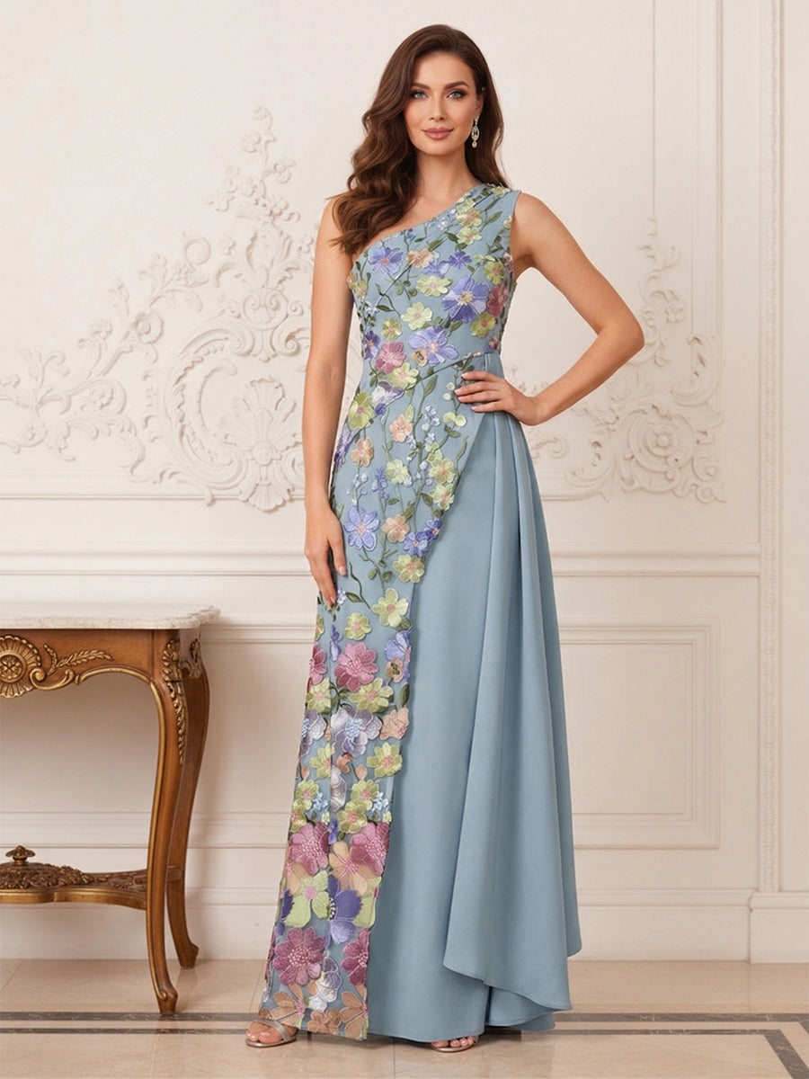 Stella Claire Dusty Blue front view mother of the bride dress