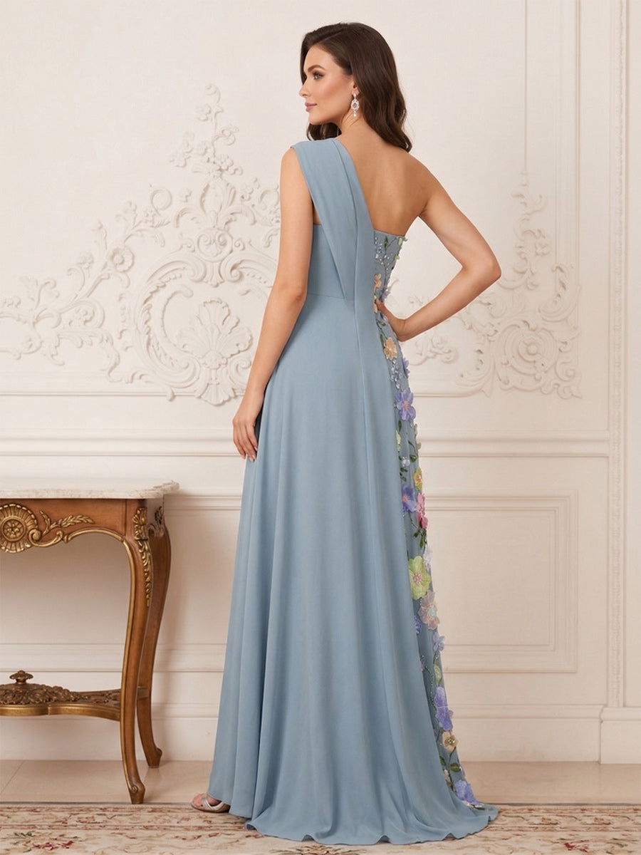 Stella Claire Dusty Blue back view mother of the bride dress