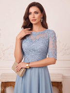 Helena Elise Dusty Blue side view mother of the bride dress