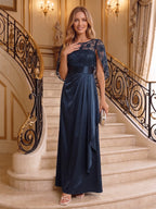 Leah Elise Navy Blue front view mother of the bride dress
