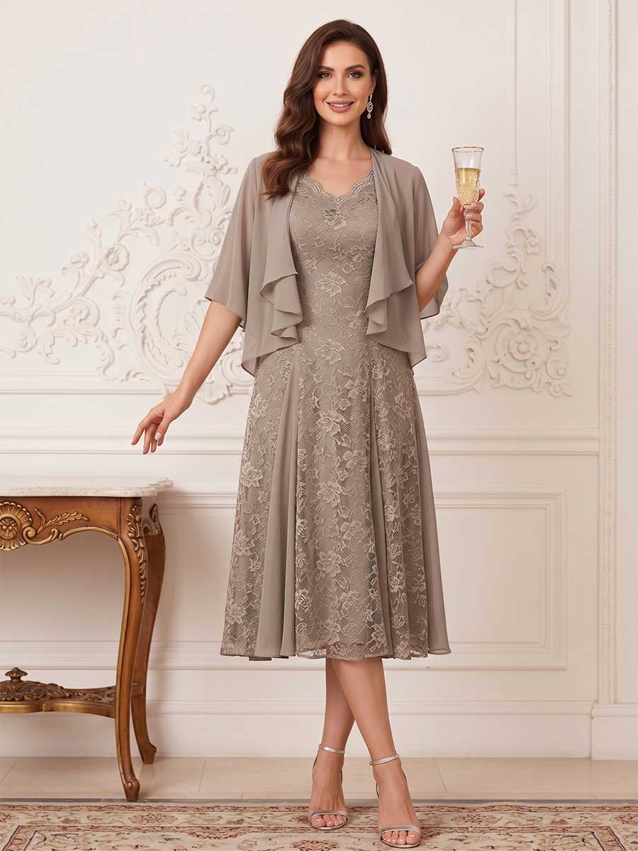 Jessamine Rue Taupe front view mother of the bride dress