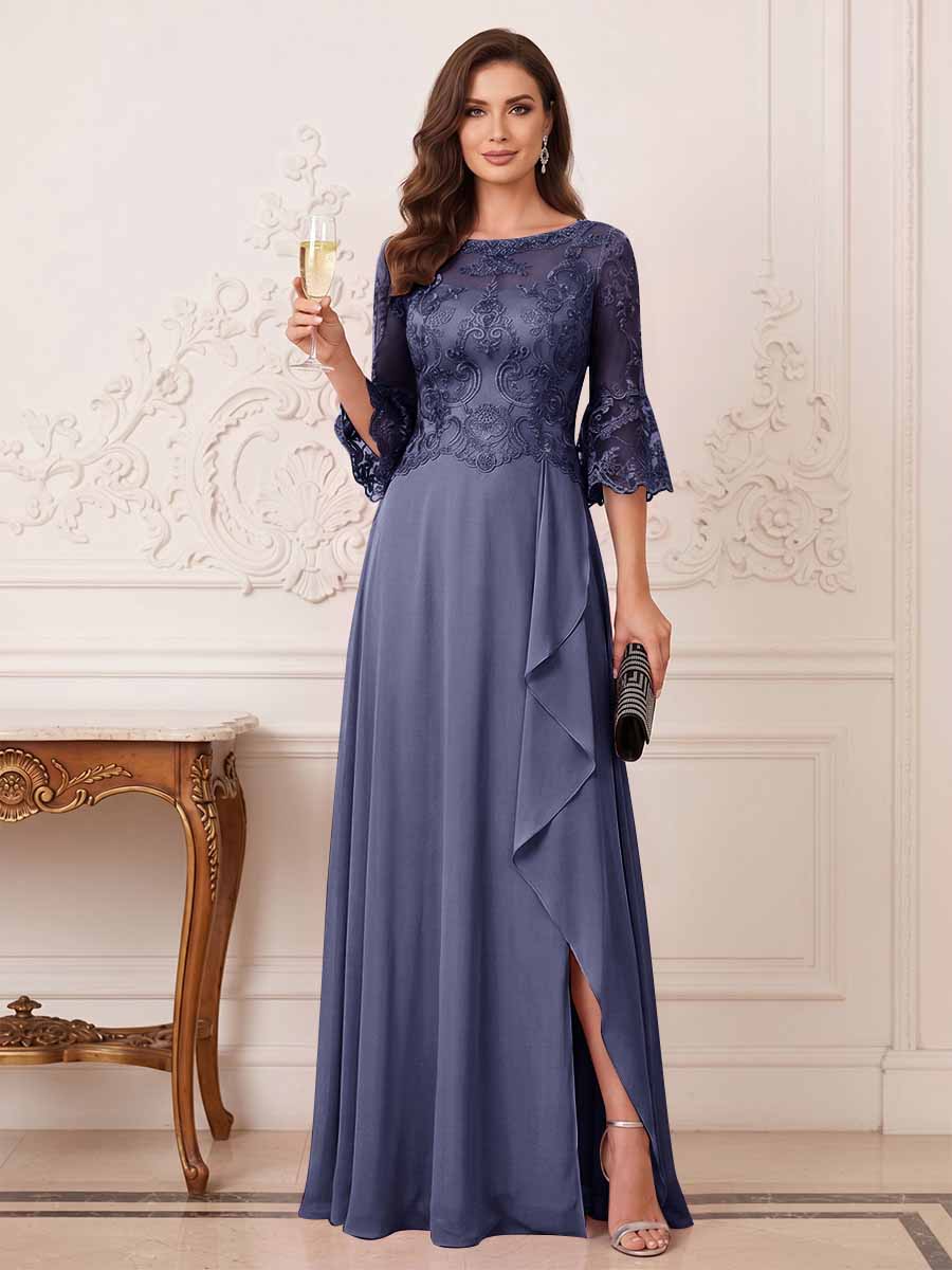 Maristella Faye Dusty Blue back view mother of the bride dress
