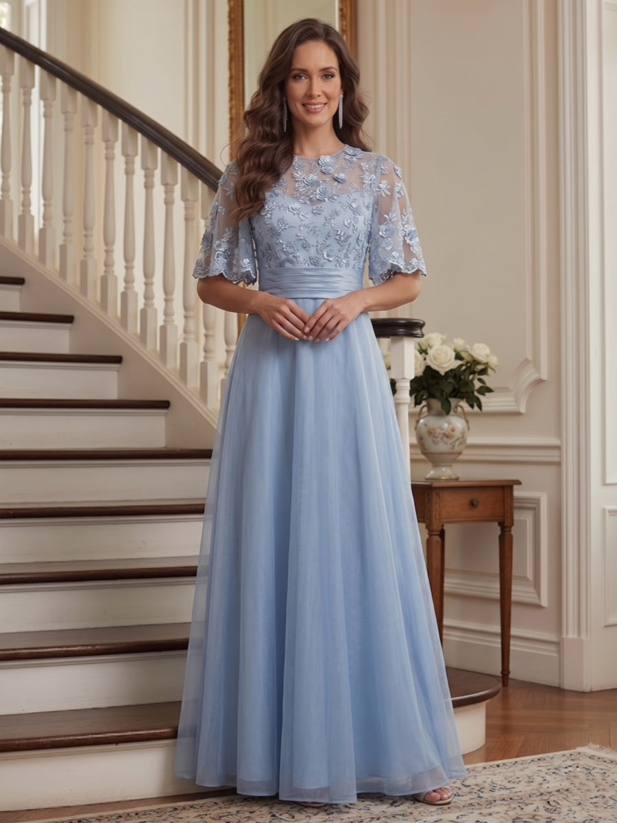 Camellia Ruth Sky Blue front view mother of the bride dress