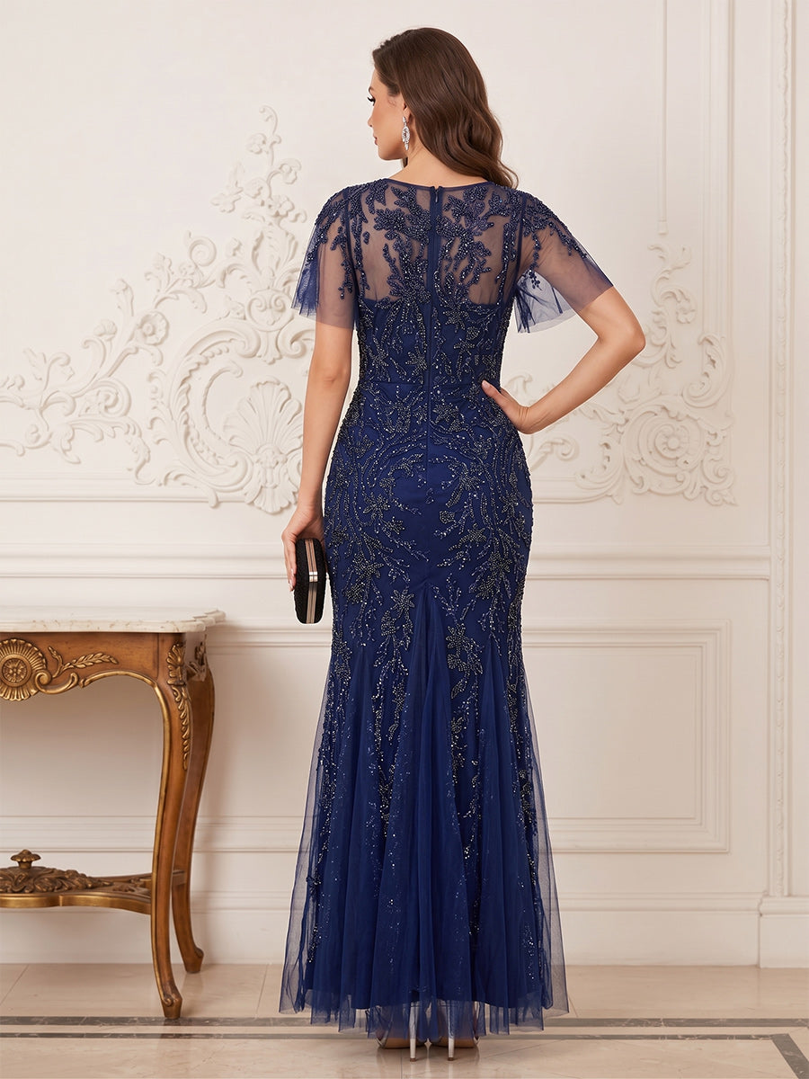 Nola Celine Navy Blue back view mother of the bride dress
