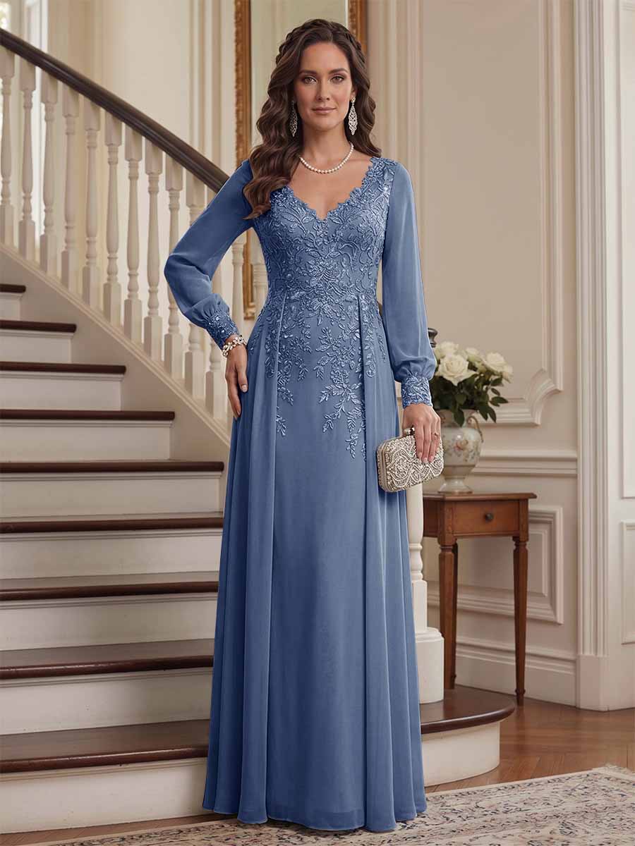 Aveline steel blue front view mother of the bride dress