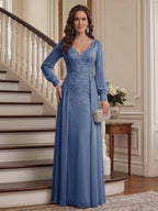 Aveline steel blue front view mother of the bride dress