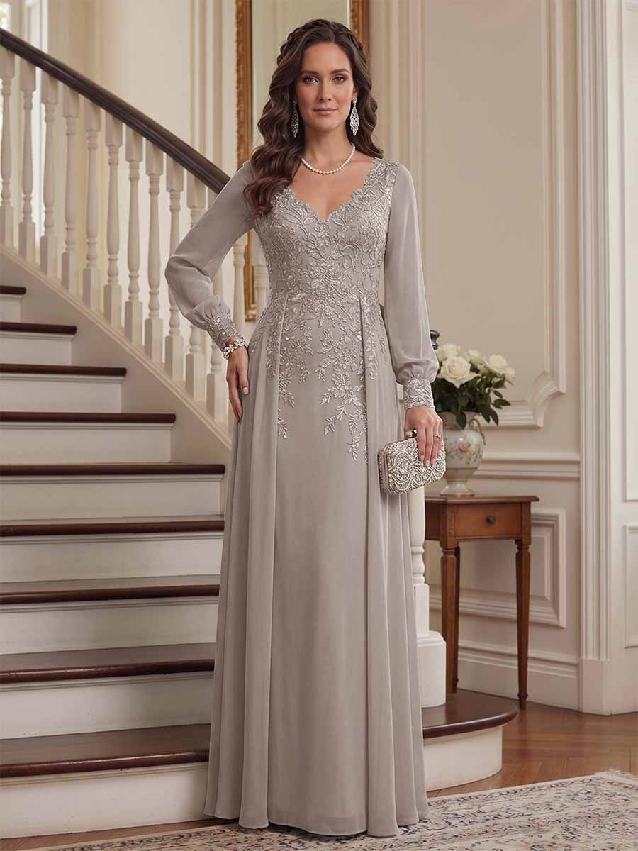 Aveline taupe front view mother of the bride dress