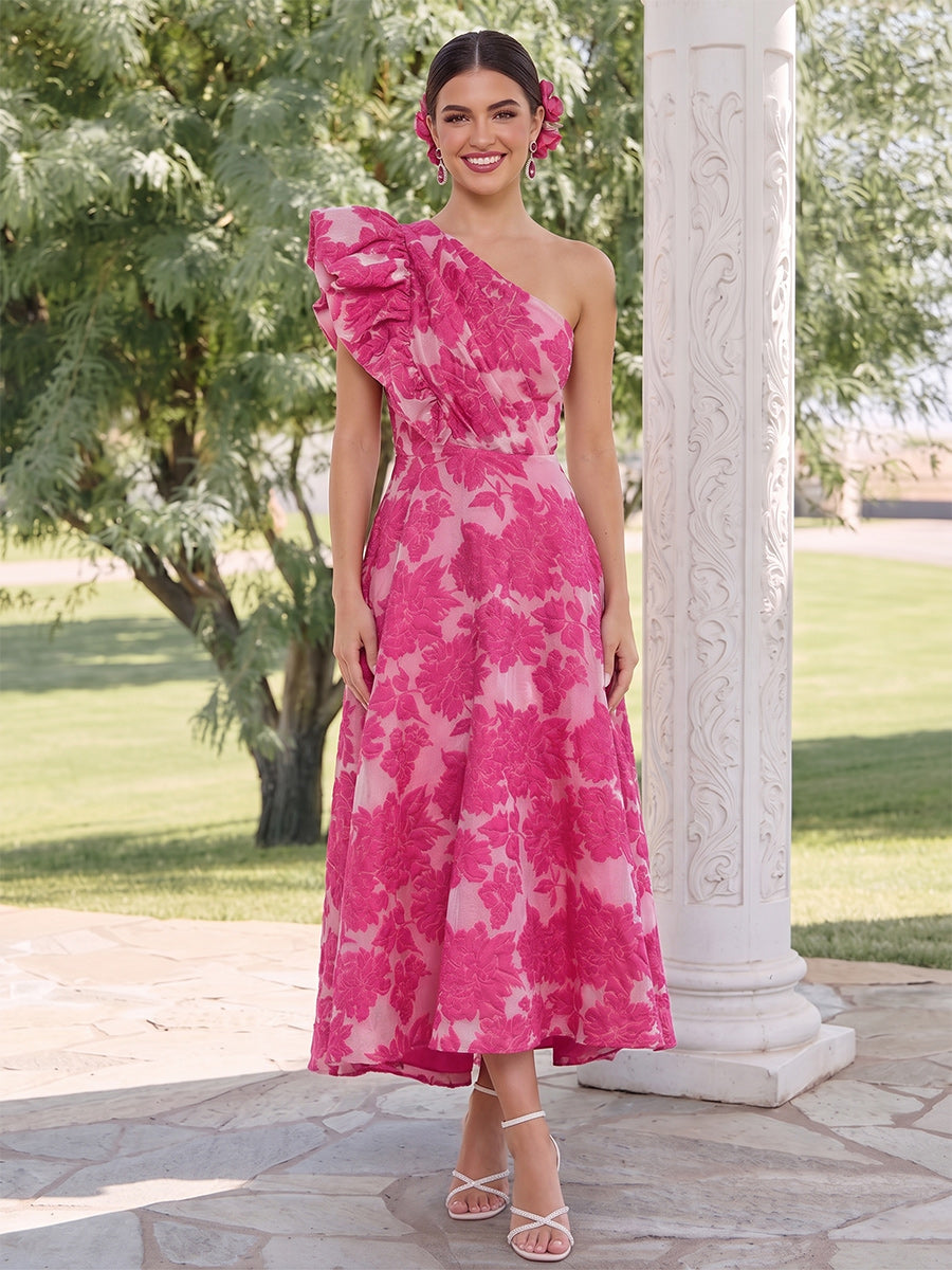 Almira Crest Fuchsia front view wedding guest dress